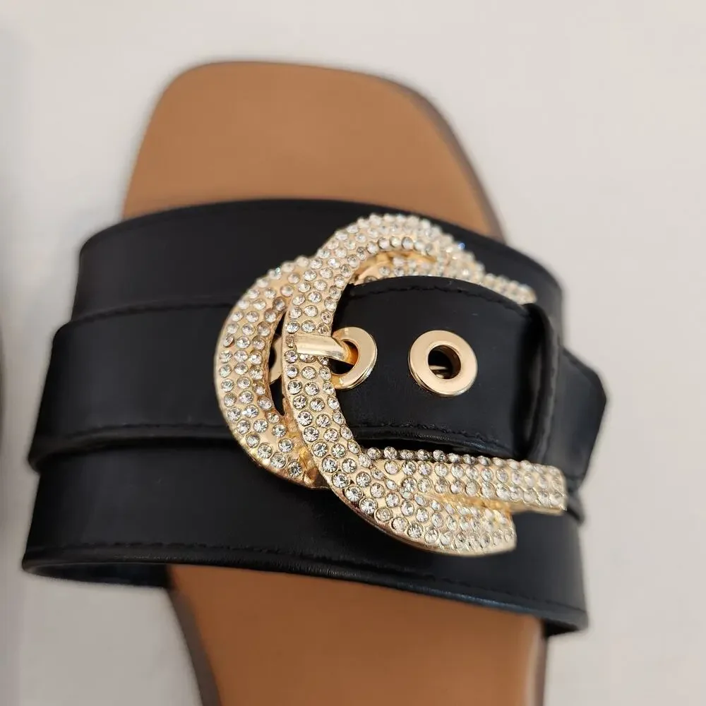 WILD DIVA LOUNGE Black Gold Faux Leather Crystal Embelished Buckle Womens 8.5